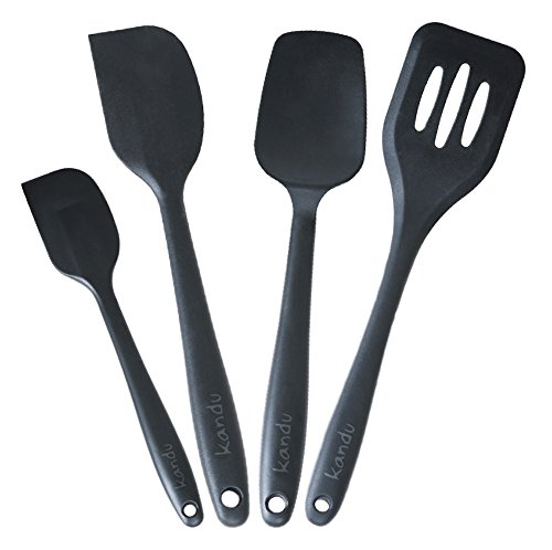 Kandu Silicone Spatula Kitchen Best Set of 4 Solid Hygienic Heat Resistant Baking & Cooking Utensils - Spoonula Large, Small Spatulas plus Slotted Turner in Premium Nonstick Black Color