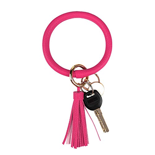 Leather Bracelet Key Ring Bangle Keyring, Tassel Ring Circle Key Ring Keychain Wristlet for Women Girls - Free Your Hands (Rose Red)