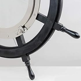 Nagina International 24" Premium Matte Black Solid Wood Pirate's Ship Wheel with 10" Aluminum Polished Porthole Mirror | Captain's Maritime Beach Home Decor 419baAUtGYL