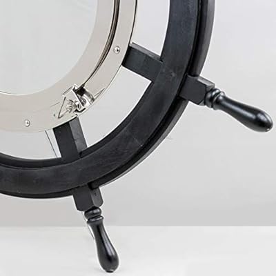 Nagina International 24" Premium Matte Black Solid Wood Pirate's Ship Wheel with 10" Aluminum Polished Porthole Mirror | Captain's Maritime Beach Home Decor 419baAUtGYL