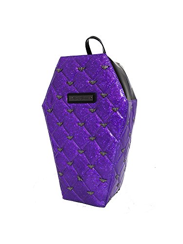 Mina Purple Glitter & Black Bat Studded Quilted Coffin Backpack Purse