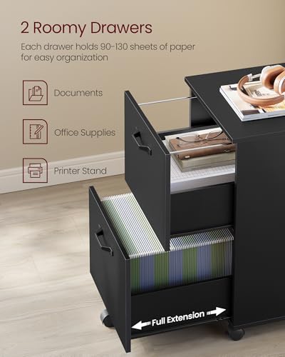 VASAGLE CUSTOS Collection - 2-Drawer File Cabinet, Small Rolling Filing Cabinet for Home Office, Printer Stand, for A4, Letter-Size Documents, 15.7 x 16.5 x 27.6 Inches, Matte Black UOFC040B16
