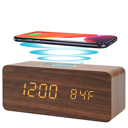 Digital Alarm Clock with Wireless Charging, LED Wood Large Display, Loud Alarm Clock for Heavy Sleepers, with USB Port, 3 Alarm Settings, Date and Temperature Displays, for Bedroom, Bedside