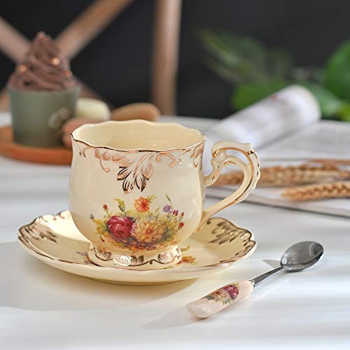 YOLIFE Flowering Shrubs Ivory Ceramic Tea Cup and Saucer Set,8oz Fancy Tea Cup Floral Tea Cup,The Best First Gift - Thumbnail 3