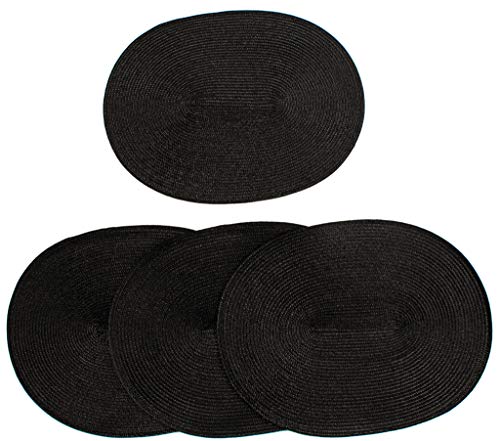 V London Woven Spiral Table Placemats 16.9 X 13 Inches Oval Set of 4 Non-Slip Dining & Kitchen Table Mats Black