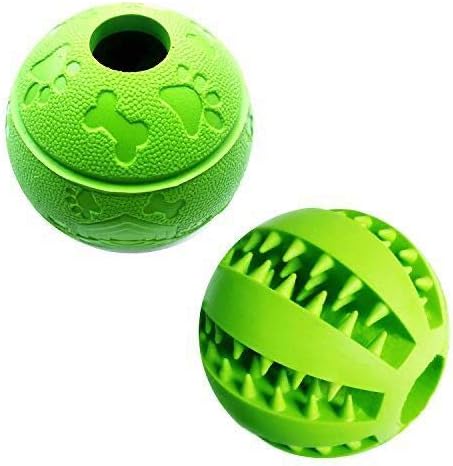 Feixun Interactive Dog Toy - Rubber Food and Tooth Cleaning Ball, 7.6-8.1cm (1*Green Type A + 1* Green Type B)