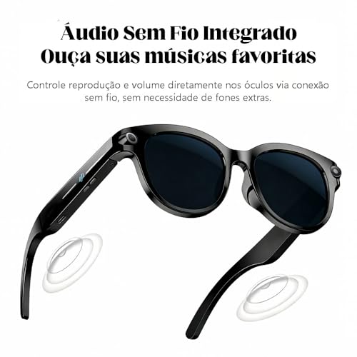Óculos inteligentes com câmera 2MP, assistente virtual IA, tradução instantânea, reprodução musical, chamadas telefônicas, Wi-Fi 6 Bluetooth 5.4, bateria longa duração, carregamento USB-C