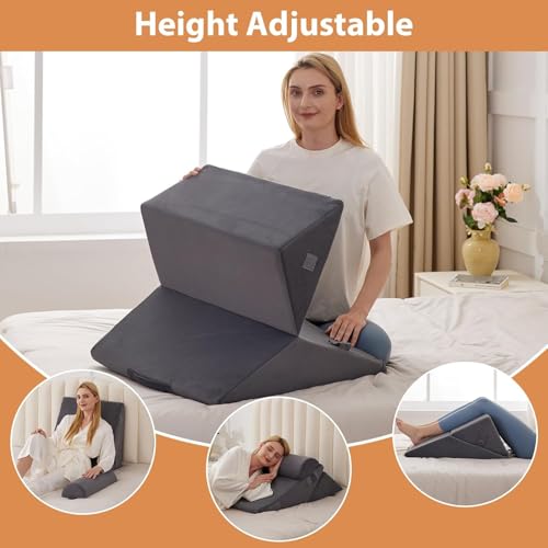 Bed Wedge Pillow Set, Adjustable Wedge Pillow Headboard (3Pcs Grey)