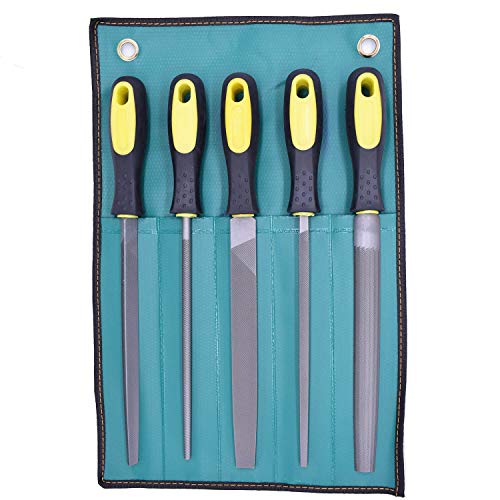 Fatmingo 8 inch High Carbon Steel Metal File Set Rubber Handles Flat Round Half Round Square Triangular Rasp Files for Metal, Woodwork, a Storage Pouch and a Cleaning Brush
