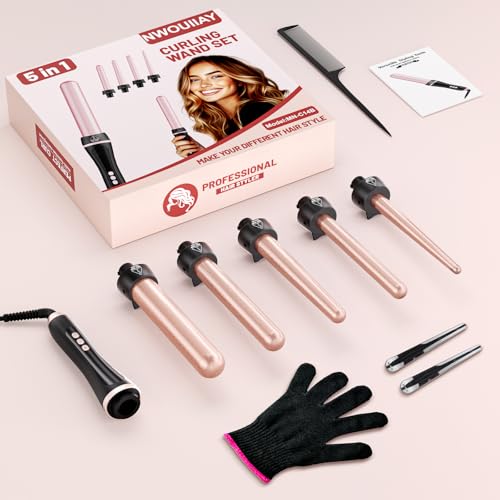 NWOUIIAY Curling Iron 5 in 1 Set Ceramic Curling Iron with Adjustable Temperature 80 °C - 230 °C and LCD Display Wave Straightener for Hair with 9-32 mm Different Irons and Automatic Shut-off
