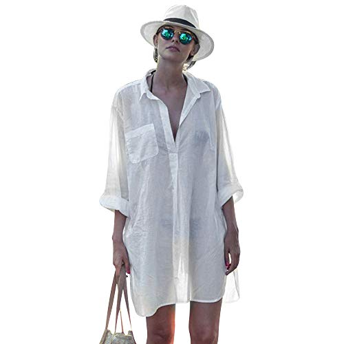 Lorfancy Women's Beach Cover Ups Swimsuit Cotton Beachwear Bikini Swimwear V-Neck Skirt Bathing Suit Cover Up White - Thumbnail 7
