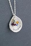 Grandma Birthstone Necklace - DII ABC - Personalized Teardrop Name - Mom Gift - Grandkids Grandchildren Mother's Day - Aluminum Disc Silver Chain