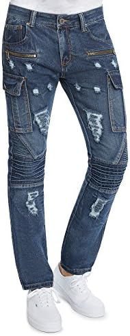 Mens Slim Fit Distressed Moto Zipper Cargo Jeans by Trillnation-42 X 32