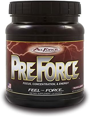 PreForce by All Force Nutrition - Low Stim Preworkout Supplement - Long Lasting Energy With No Jitters and No Crash! - Delicious Tropical Berry Flavor! Mixes Easily With Water or Juice. (28 Servings)