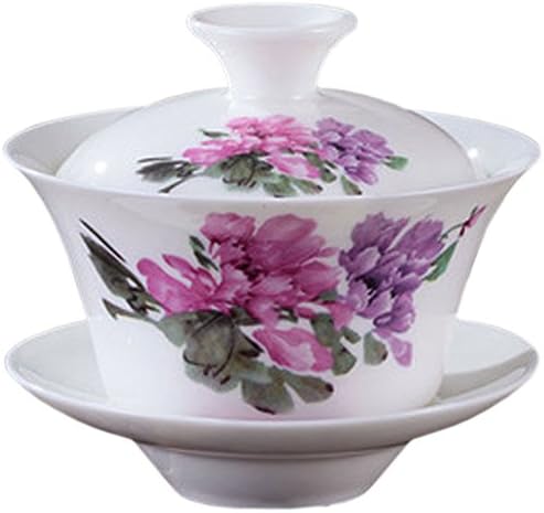 BandTie Convenient Travel Loose Leaf Chinese Gongfu Tea Brewing System-Chinese Jingdezhen Blue and White Porcelain Gaiwan Tea Cup 3-Piece Set with Tea Cup Lid and Saucer (Purple Peony)