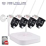 Tonton 1080P Full HD Wireless Security Camera System, 8CH NVR Recorder with 2TB HDD and 4PCS 1080P 2.0 MP Waterproof Outdoor Indoor Bullet Cameras with PIR Sensor, Audio Record and Clear Night Vision