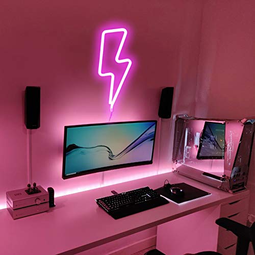 XIYUNTE Lightning Bolt Neon Light Pink Signs Wall Decor, LED Night Lights Room Decor Battery or USB Powered Neon Light Signs Light up Lightning Lamps for Kids Room,Christmas,Bar,Festive Party