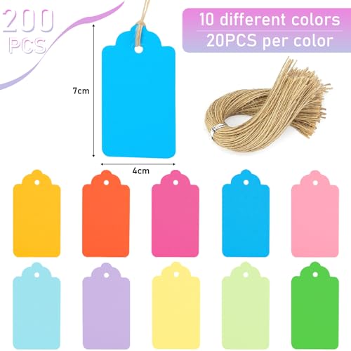 HAKACC 200PCS Colourful Gift Tags with String, Small Paper Tags Decorative Hanging Labels 10 Assorted Colours for Gift Box Wedding Name Tags