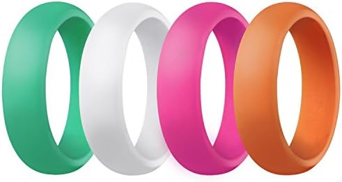 Women's Silicone Wedding Ring Rubber Band - 4 Rings Pack - Pink, Turquoise, White, Tangerine(6)