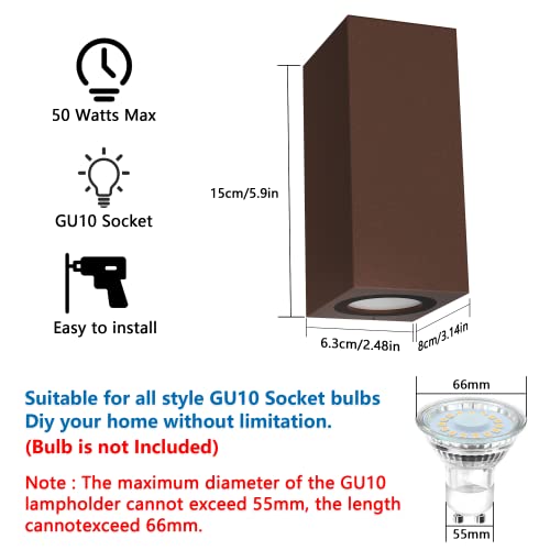 Klighten 4 Pieces Square Outdoor / Indoor Wall Lamp, IP65 Waterproof Rust Colour Outdoor Wall Sconce, GU10 Modern Aluminium Wall Light for Gardens, Hallways, Terraces, Bulb Not Included