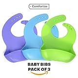 Silicone Baby Bib with Pocket Set of 3 — Waterproof Bibs for Boys and Girls Comfortable for Babies and Toddlers with Large Food Catcher Easily Wiped Clean Roll Up to Travel (Blue Green Purple)