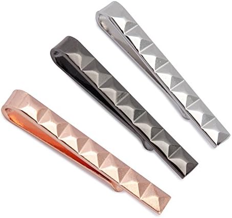 Textured Three Tone Black Silver Rose Gold Tie Clip Set In Gift Box -Tie Bars For Skinny Ties -Classic Fashionable Necktie Pins for Business Professional - Mens Wedding Christmas Present - 3pcs Clasps