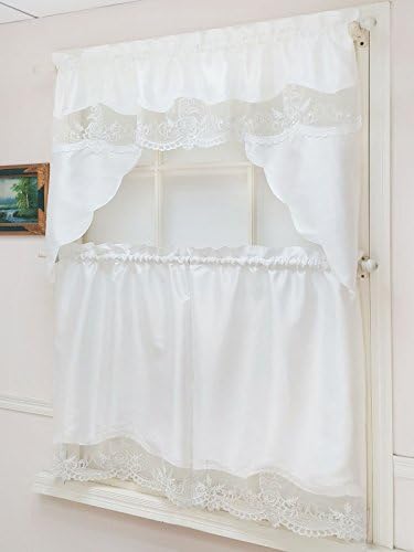 GOHD - VERSAILLES ROSE Kitchen Curtain Set/ Swag valance &amp; tier set. Nice embroidery on insert and border voile with faux silk fabric as main fabric. (WHITE)