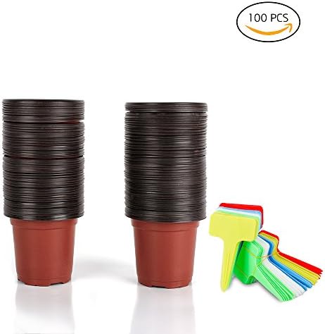 100-Pack 4" Plastic Seedlings Flower Plants Nursery Pots with 100PCS 5 Colors Waterproof Plastic Nursery Garden