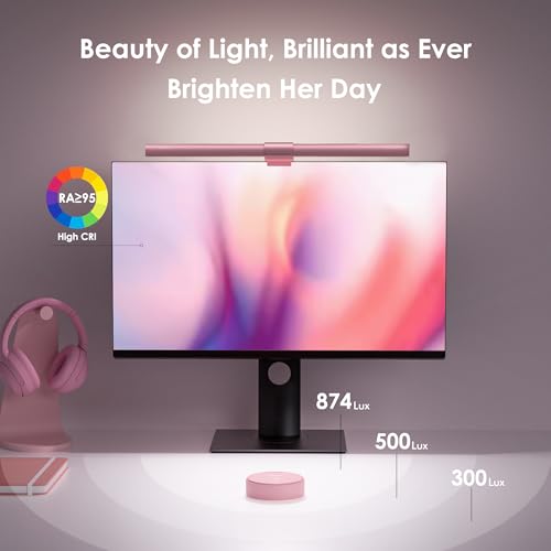 Quntis Computer Monitor Light Bar Curved with Remote & Backlight for Eye Caring, 40cm Pink Screen Light Bar Stepless Dimming Hue Adjustment, No Glare Monitor Lamp as Gift for Girls Game Work Desk Lamp