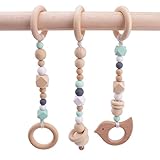 3pcs Baby Play Gym Toys Wood Ring Baby Wood Beads Chewable Rattle Silicone Teehing Baby Shower Gift Wooden Teether