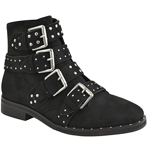 Fashion Thirsty Womens Silver Studded Buckle Strappy Biker Flat Ankle Boots Size 9