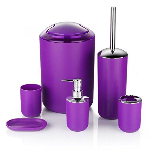 Zuvo 6 Pcs Plastic Bathroom Accessory Set Luxury Bath Accessories Bath Set Lotion Bottles, Toothbrush Holder, Tooth Mug, Soap Dish, Toilet Brush, Trash Can, Rubbish Bin (Purple)