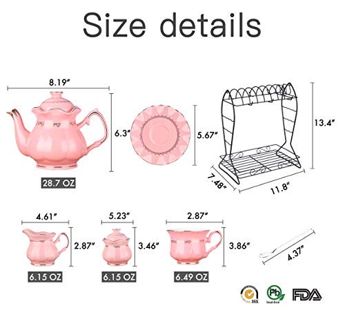 22-Piece Porcelain Ceramic Tea Gift Set with Metal Holder, Coffee Service Set with Cups, Saucers, Teapot, Sugar Bowl, Creamer and Teaspoons.