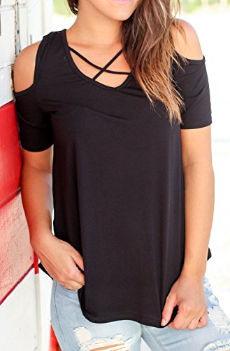 Women's Casual Short Sleeve Solid V-Neck T-Shirt Tops Plus Size (Black, X-Large) - Thumbnail 2