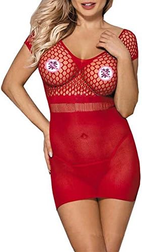 IYISS Women's Seamless Fish Net Mini Dress Lingerie Standard N Plus (Standard Fits XS-L, Red)