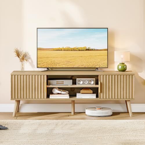 FIONESO Fluted TV Stand for 32-60 Inch TV, TV Console, Entertainment Center with 2 Cabinets & Shelf, TV Table, Media Console with Gold Handle for Living Room, Natural
