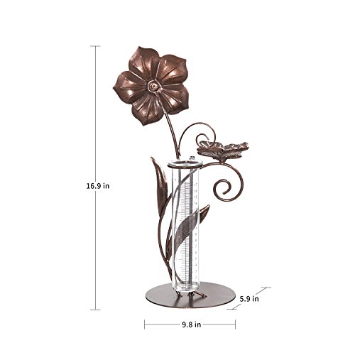 CEDAR HOME Rain Gauge Outdoor Garden Wireless Glass Brass Metal Tabletop Cute Professional Raingauge for Lawn Yard Patio Decor 8oz. by, 10.5" W x 6" D x 16" H, Butterfly and Flower