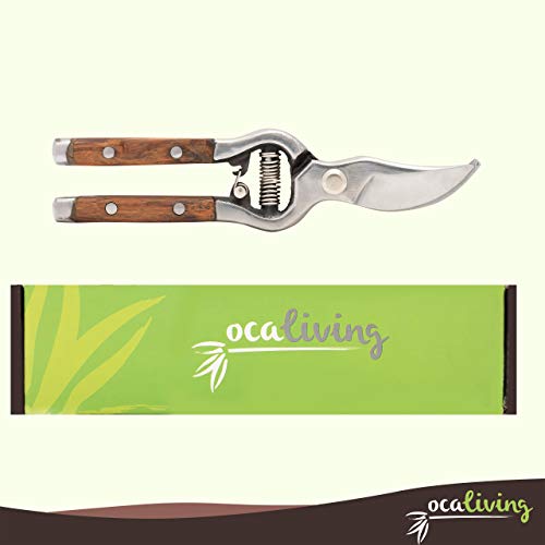 OCALiving Traditional Bypass Pruning Shears-Branch, Hedge, Shrub, Flower Clipper and Trimmer for Garden-Razor Sharp Stainless Steel Blade-Natural Wood Handles