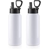 PYD Life 2 Pack Sublimation Blank Tumbler 32 OZ White Vacuum Flask Stainless Steel Sports Wide Mouth Water Bottle with Straw and Portable Handle