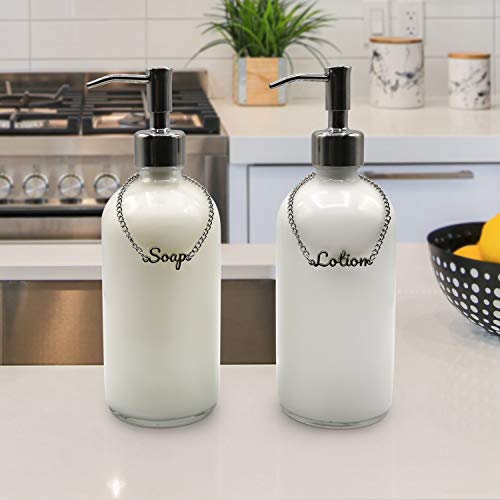 KreaSHen Soap and Lotion Dispenser Set (Chrome) with Soap/Lotion Label Tags, Stainless Steel Pump, Bathroom Vanity for Farmhouse, Vintage, Modern Decor