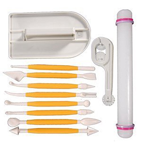 SMO 11pcs Sugarcraft Icing Cake Smoother Fondant Cutter Embosser Rolling Pin Model by MOS