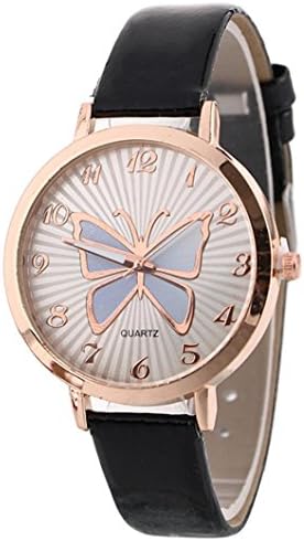 Anxinke Women Fashion Butterfly Pattern Leather Strap Analog Quartz Wristwatch (Black)