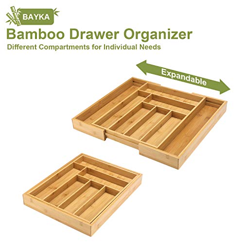 Kitchen Drawer Organizer, BAYKA Expandable Silverware Tray, 100% Pure Bamboo Drawer Dividers, Cutlery & Utensils & Flatware & Stationery Organizer with 4 Cushioning Pasters Fit Snugly into Any Drawer
