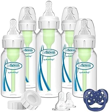 Dr. Brown's Natural Flow Anti-Colic Options+ Narrow Baby Bottle Gift Set with Advantage Pacifier, and Bottle Travel Caps (Pack of 6) Image