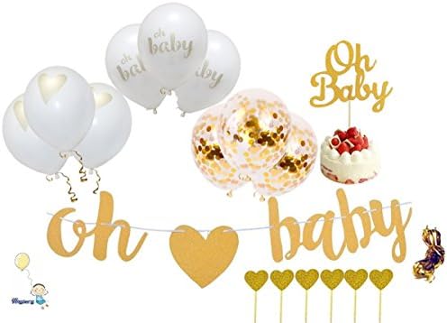Baby Shower Decorations Gold Banner [Oh Baby] Confetti, Gold, White Balloons with Ribbon Neutral Decor Party Supplies Gender Reveal Pregnancy Announcement with Extra 7 pc Cake Topper.