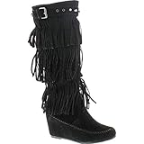 Nature Breeze Womens Bridget-02Hi Suede Fringe Studded Moccasin Knee High Wedge Boot,Black,8