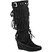 Nature Breeze Womens Bridget-02Hi Suede Fringe Studded Moccasin Knee High Wedge Boot,Black,8