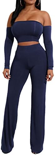 AVINE Womens Sexy High Waist Wide Leg Two Pieces Jumpsuit Bandeau Top Flared Trousers Pants (Small, Navy Blue)