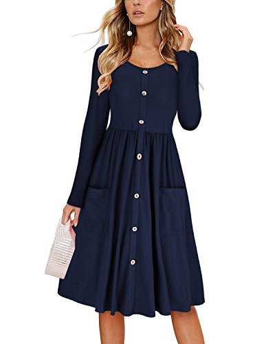 Women's Dresses Long Sleeve Casual Button Down Swing Midi Dress with Pockets