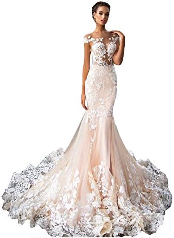 Yahmet Women's See Though Floral Applique Lace Sleeves Open Back Mermaid Wedding Gown Champagne US4